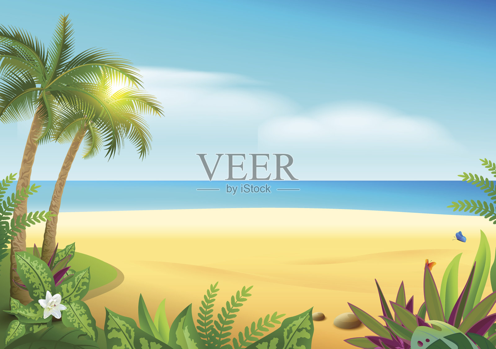 热带天堂岛沙滩，棕榈树和大海插画图片素材