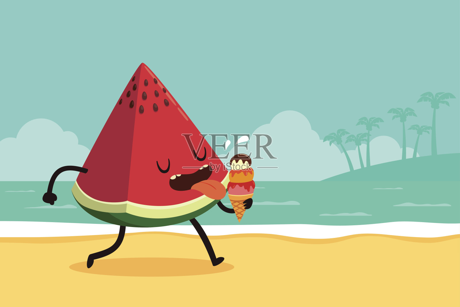西瓜吃冰淇淋在海滩上插画图片素材