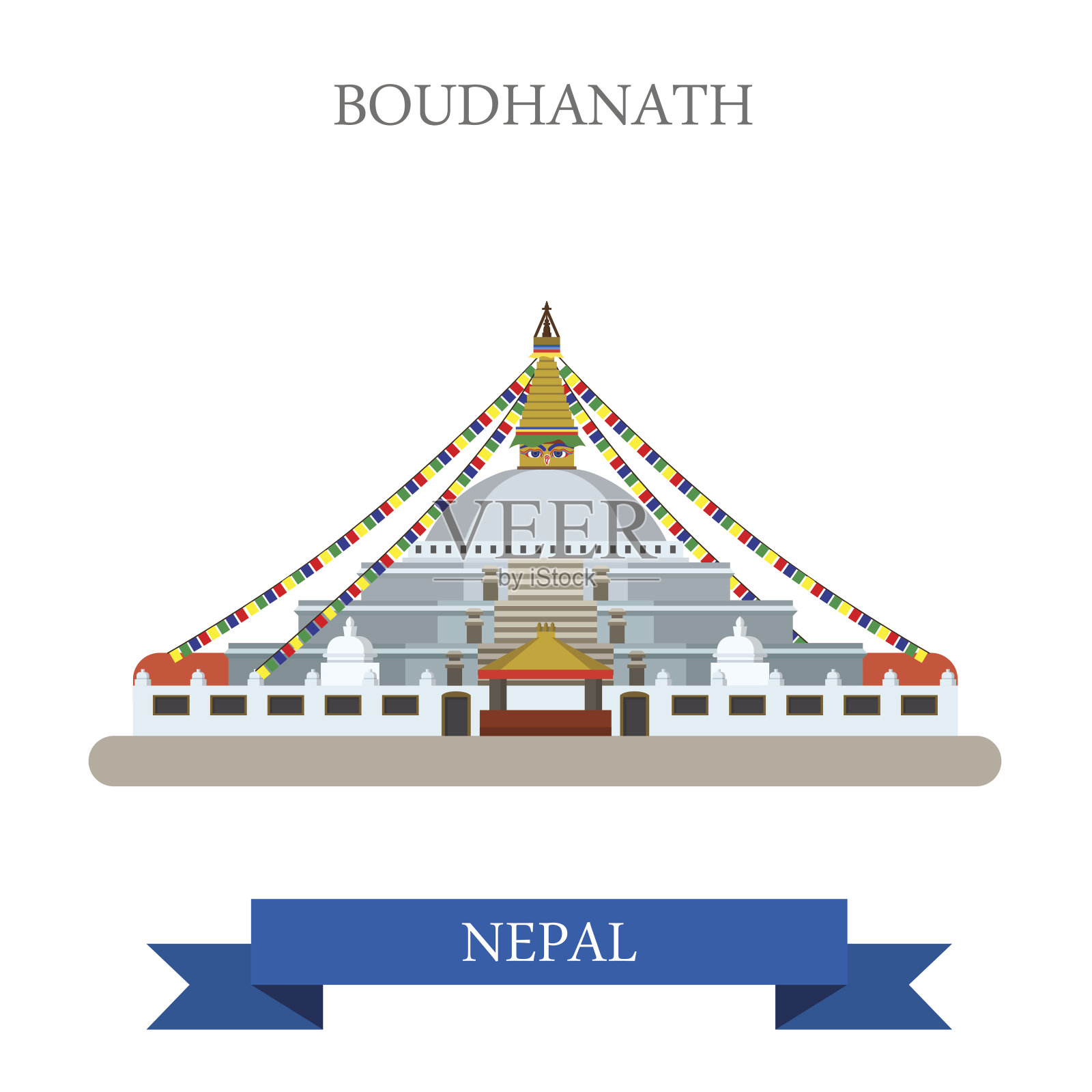 博德哈纳特，尼泊尔加德满都。平面卡通风格的历史景点展示景点网站矢量插图。世界各国城市度假旅游观光亚洲收藏。插画图片素材