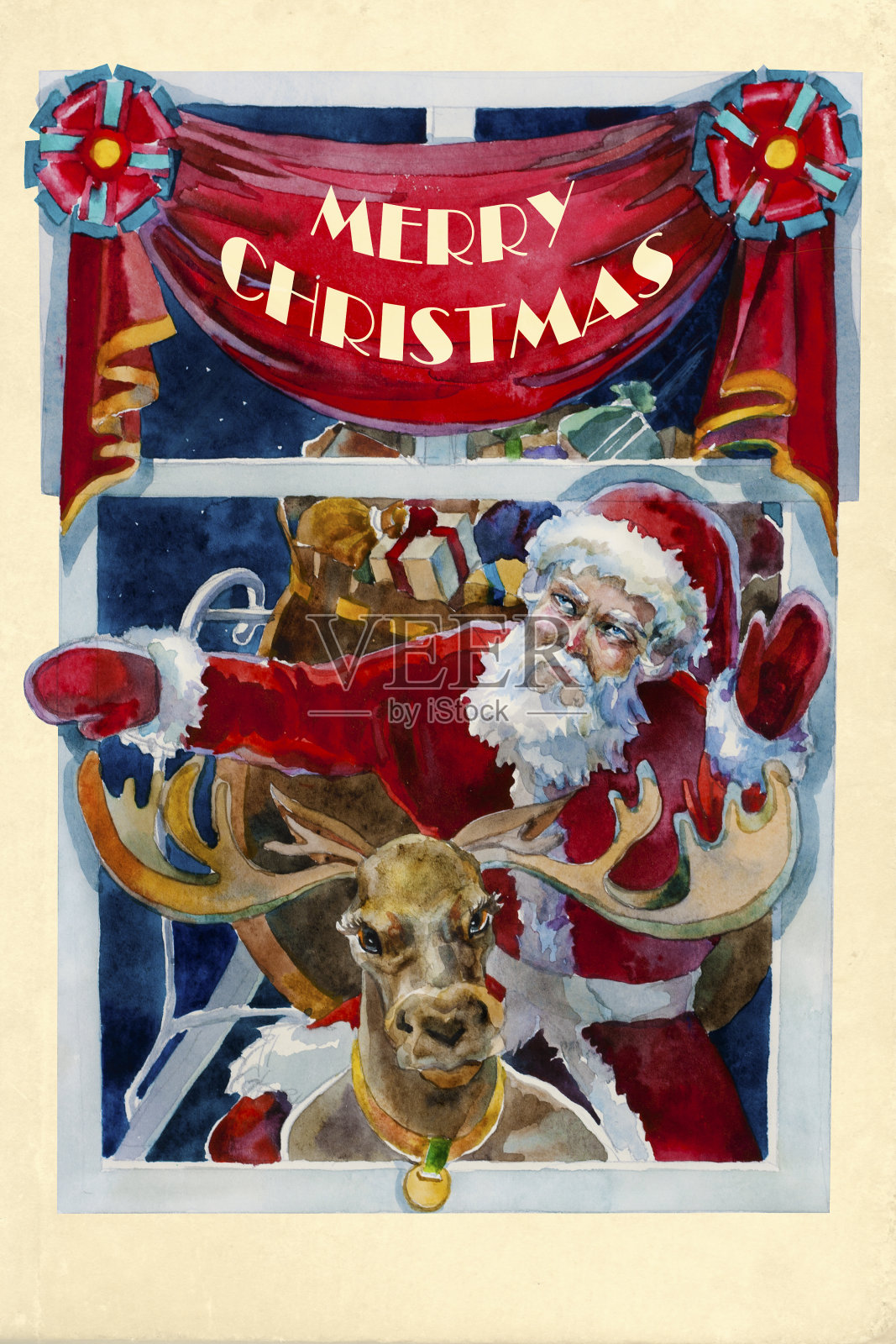 圣诞快乐圣诞水彩画卡圣诞老人和雨鹿插画图片素材