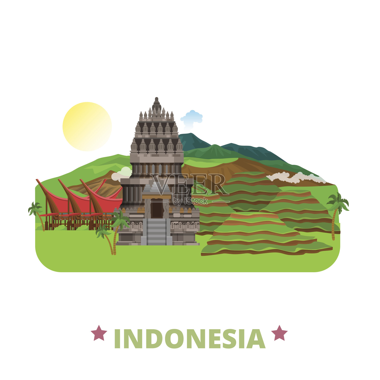 印度尼西亚国家设计模板。平面卡通风格的历史景观展示网站矢量插图。世界旅游观光亚洲收藏。普兰巴南印度教，乌布，托拉加地，布罗莫山。插画图片素材