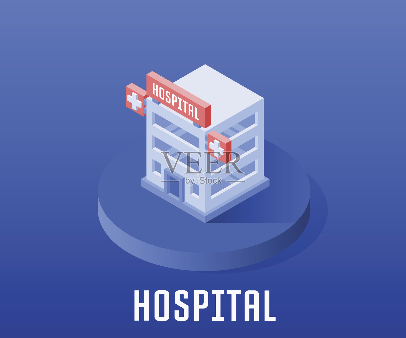 医院图标，矢量符号在等距风格孤立在颜色背景。插画图片素材