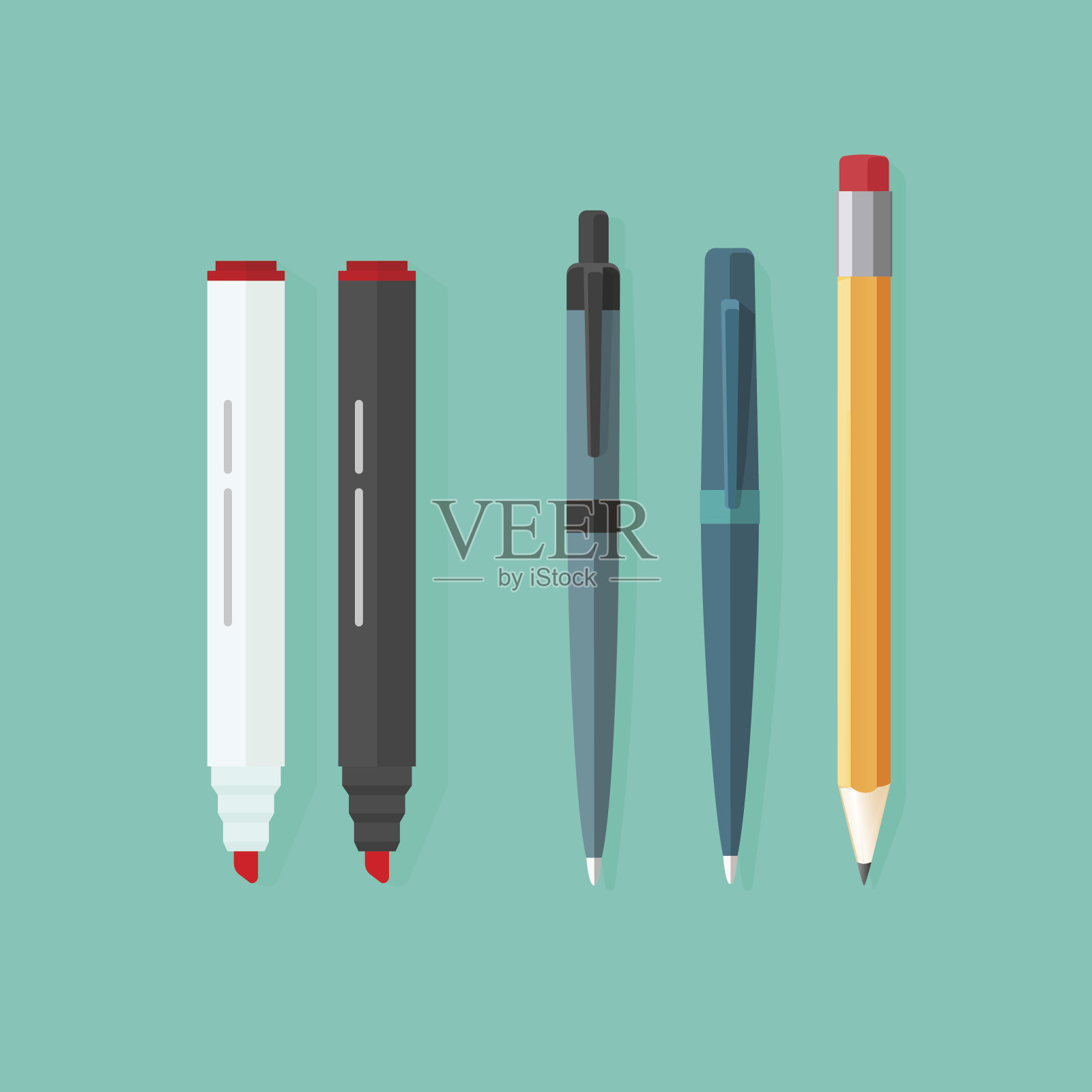 钢笔，铅笔，标记向量集孤立在绿色背景设计元素图片