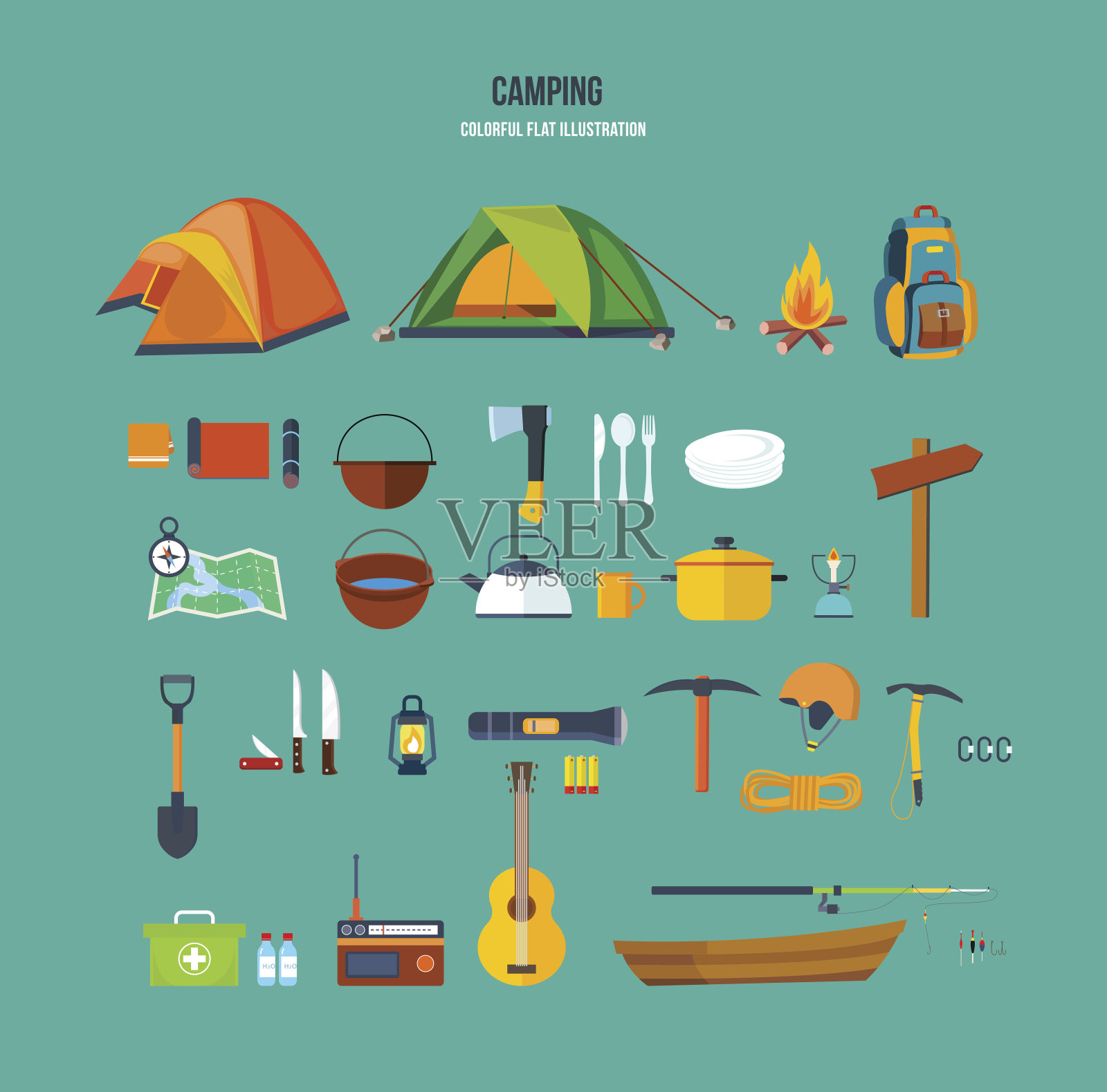 集旅游、露营、背包客、攀登者为活动休闲场所插画图片素材