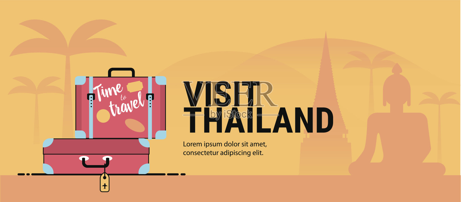 带有手提箱的网页或横幅模板。去泰国旅行。插画图片素材