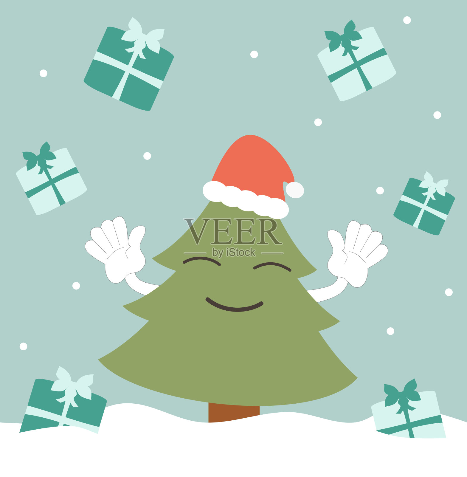 快乐的圣诞树和下雨的礼物有趣的节日插图插画图片素材