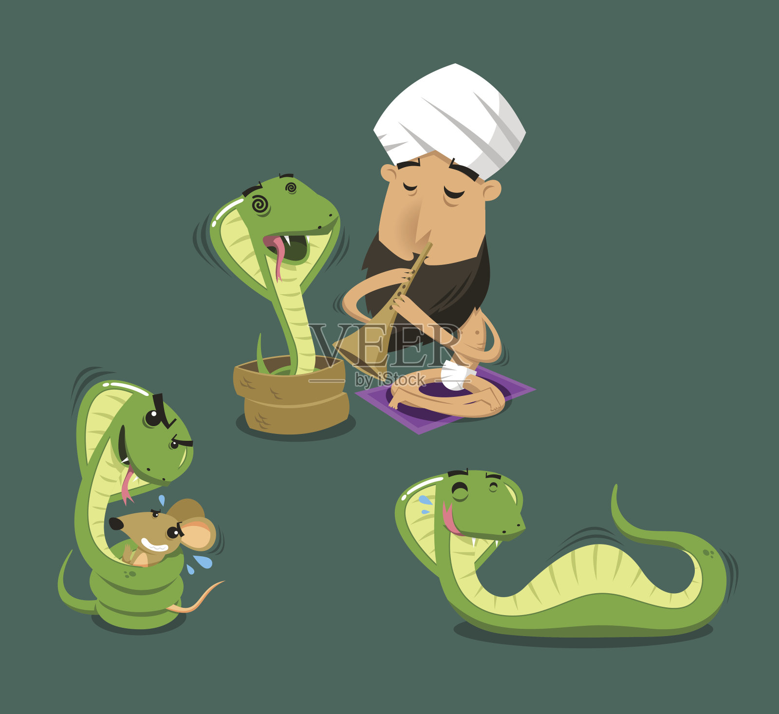 对着眼镜蛇和毒蛇吹长笛的魔术师插画图片素材