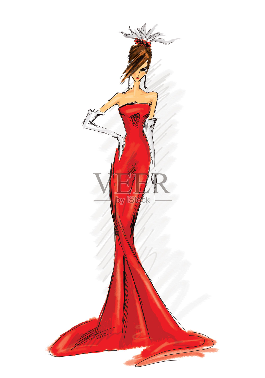 画一个穿着红色长裙的女人插画图片素材