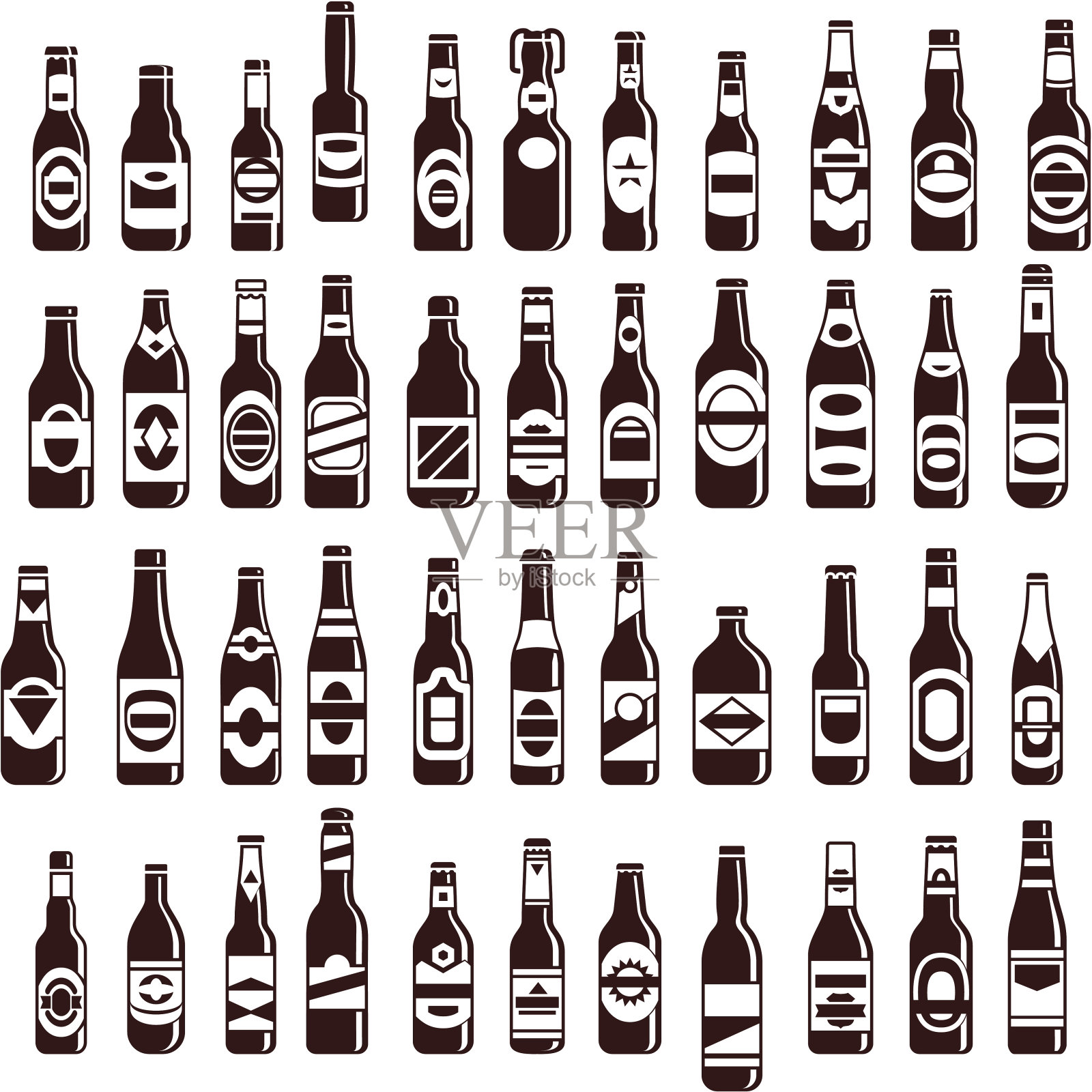 四排不同大小的啤酒瓶插画图片素材