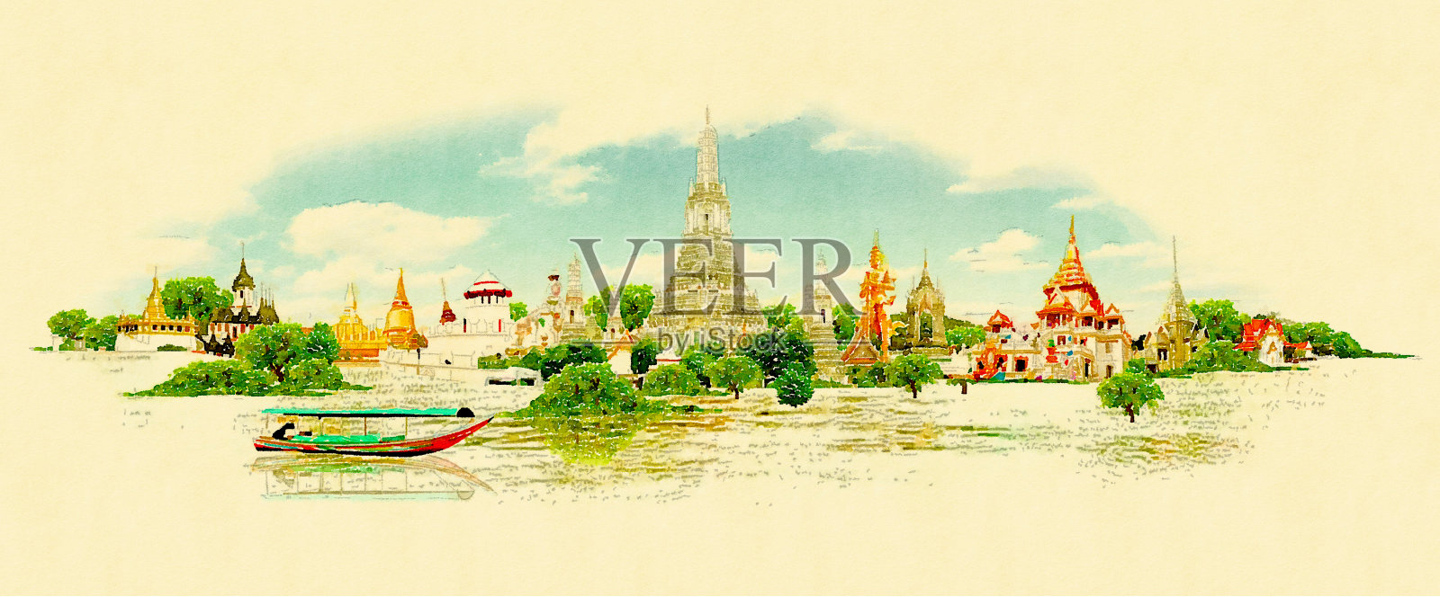 高分辨率全景水彩曼谷城市插图插画图片素材