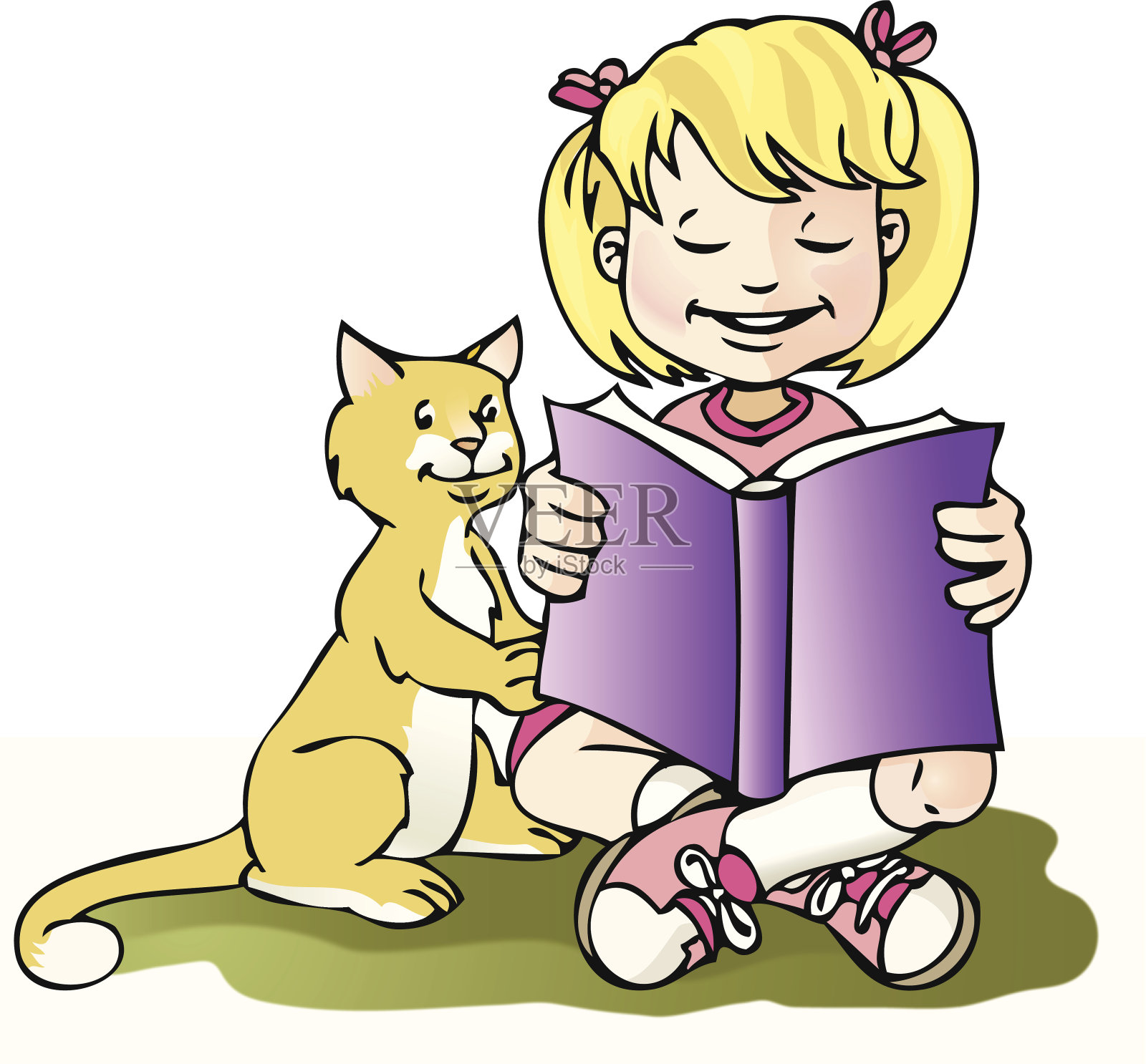 小女孩和猫一起读书插画图片素材