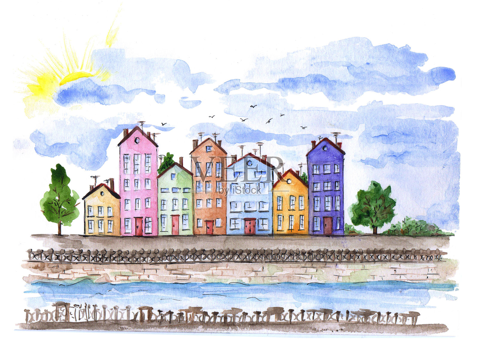 丹麦的水彩画城市景观。河边和海滨的私人住宅。插画图片素材