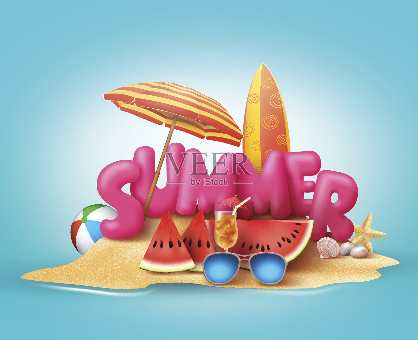 夏季海滩矢量横幅设计3d文本插画图片素材
