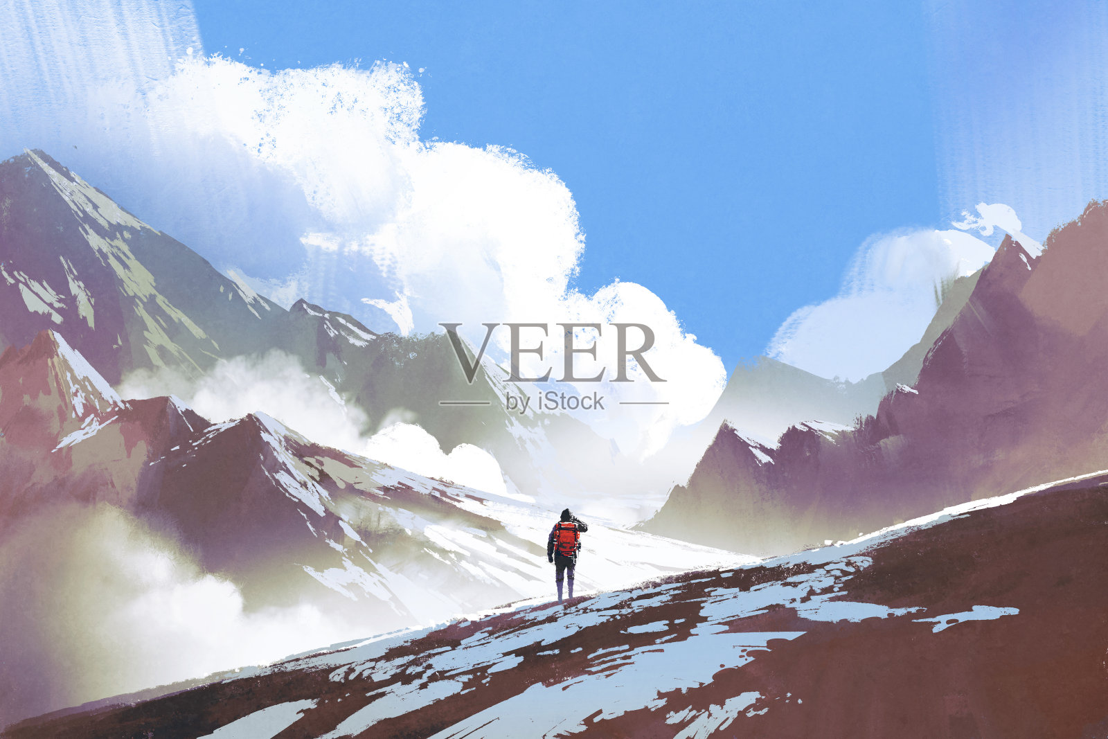 背包看山的徒步旅行者插画图片素材