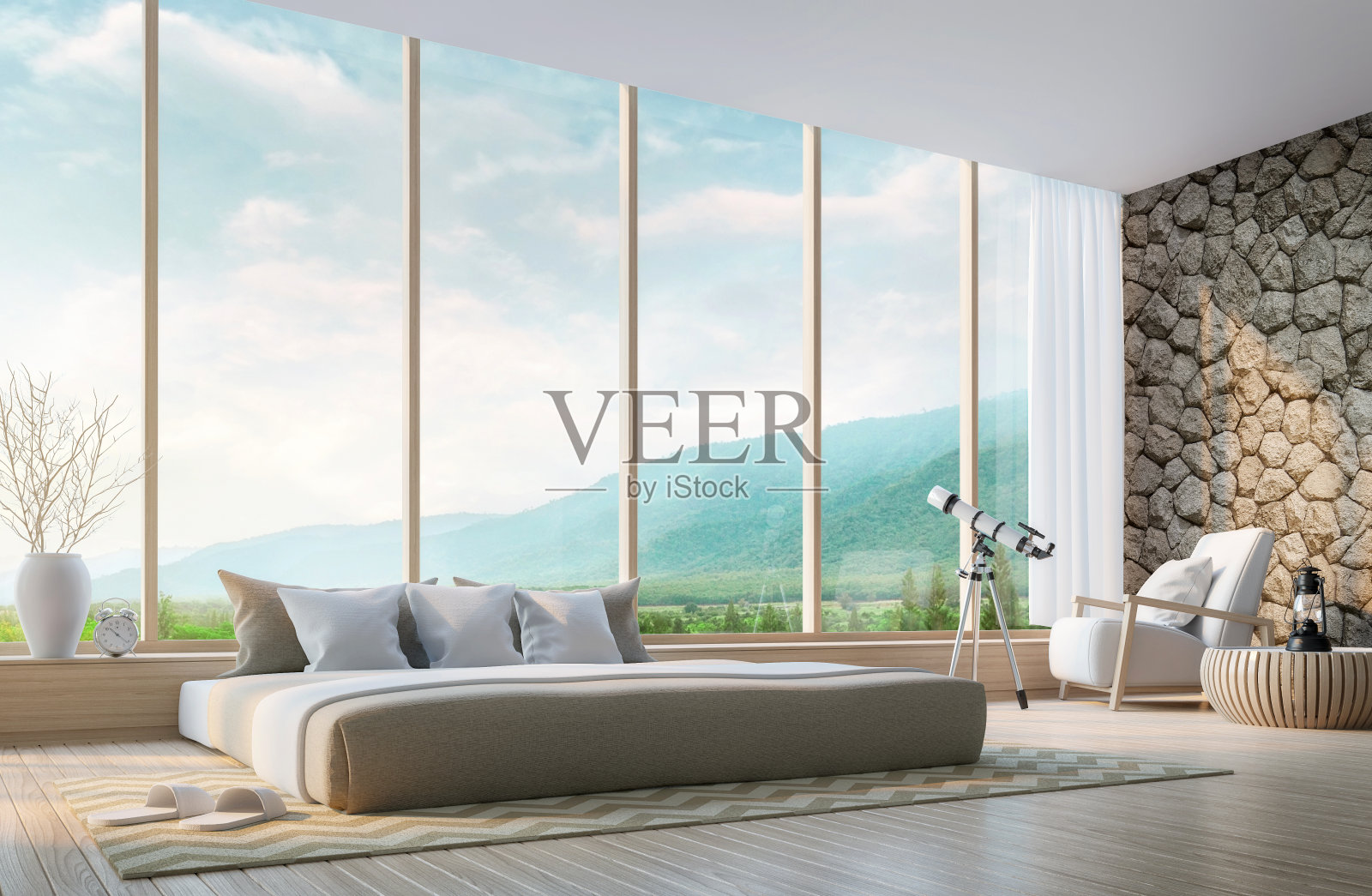 现代卧室与山景3d渲染图像插画图片素材