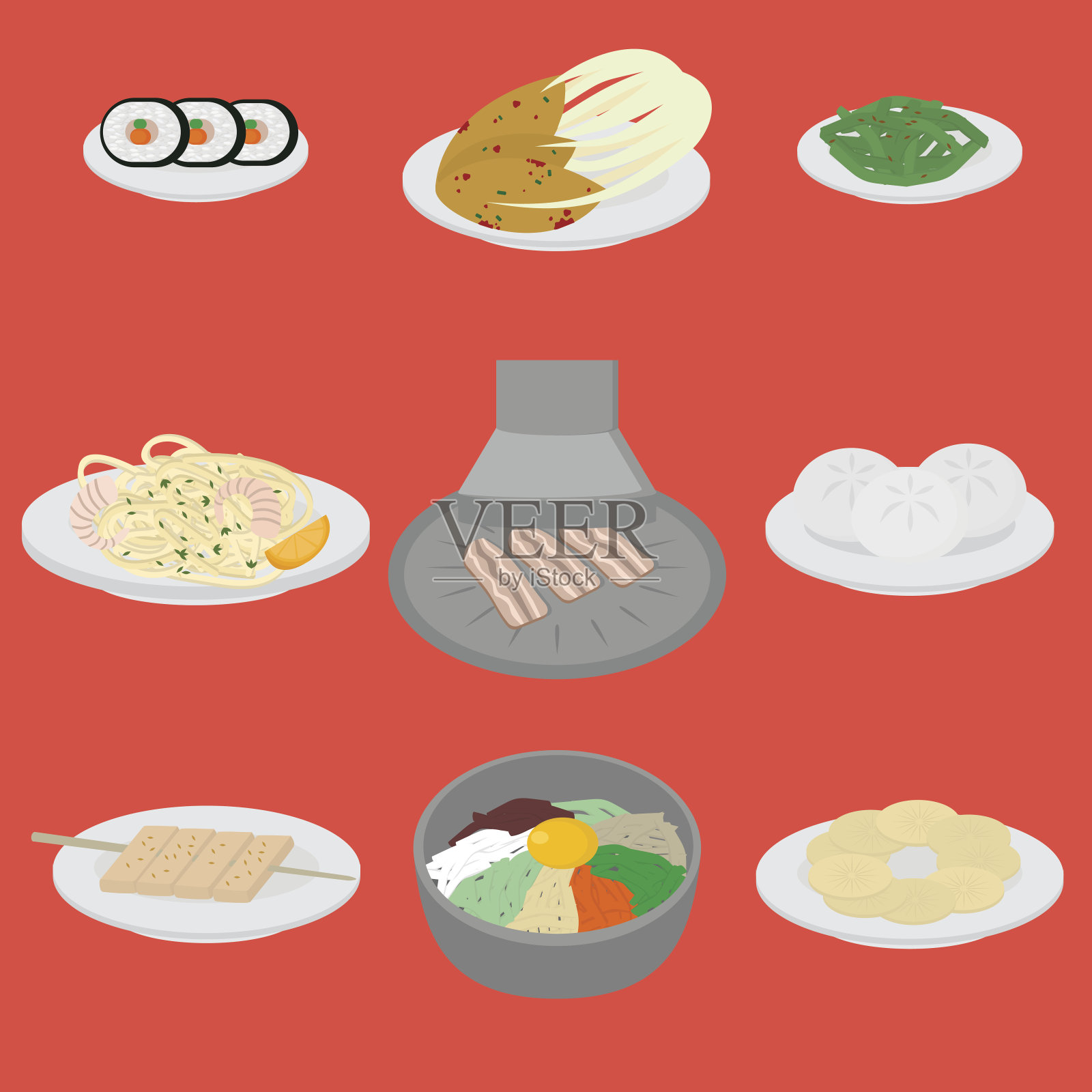 集韩国料理平面设计元素。亚洲街头美食菜单。传统菜肴泡菜、饺子、面条和石锅拌饭插画图片素材