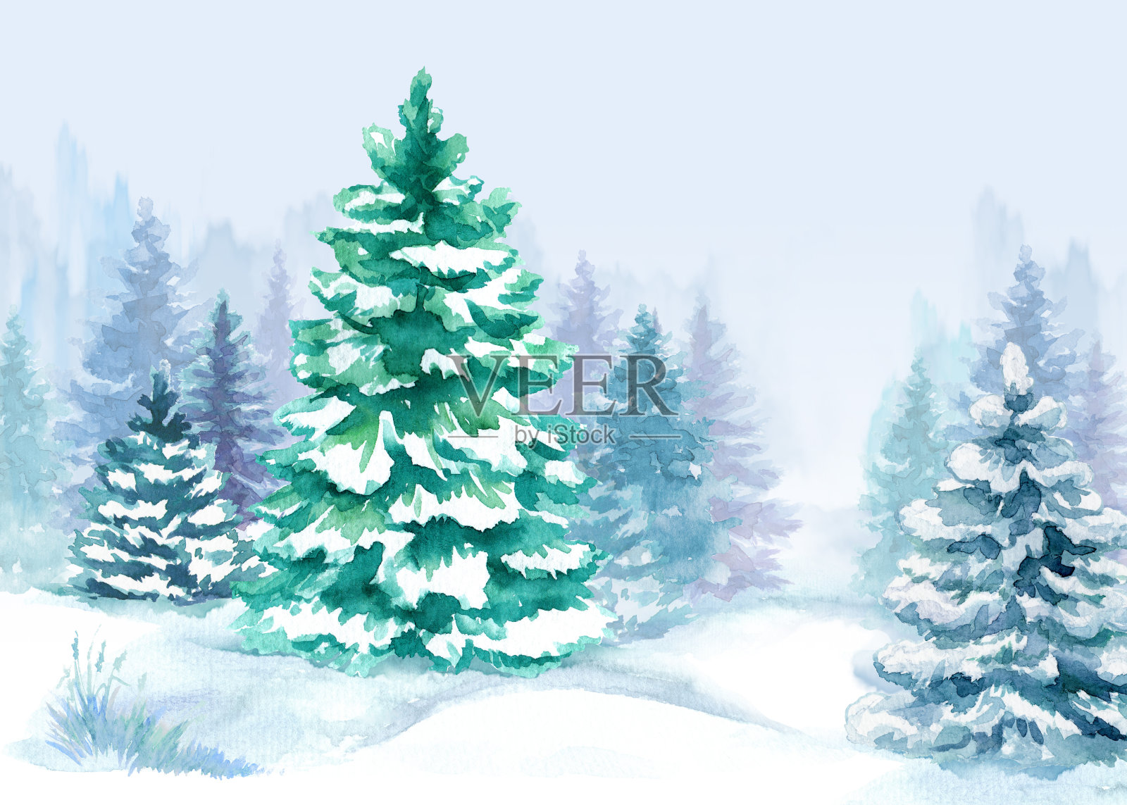 水彩森林插图，冬天的树，圣诞自然，假日背景，针叶树，雪，户外，雪乡景观插画图片素材