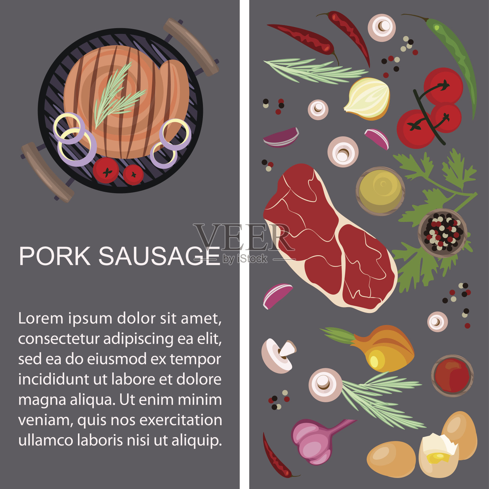 猪肉香肠配配料插画图片素材