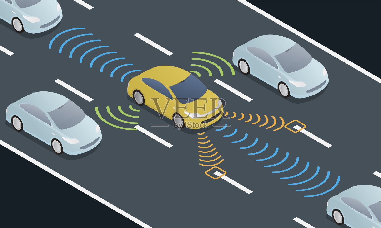 道路上的自动驾驶汽车和传感系统、无人驾驶汽车、自动驾驶汽车插画图片素材