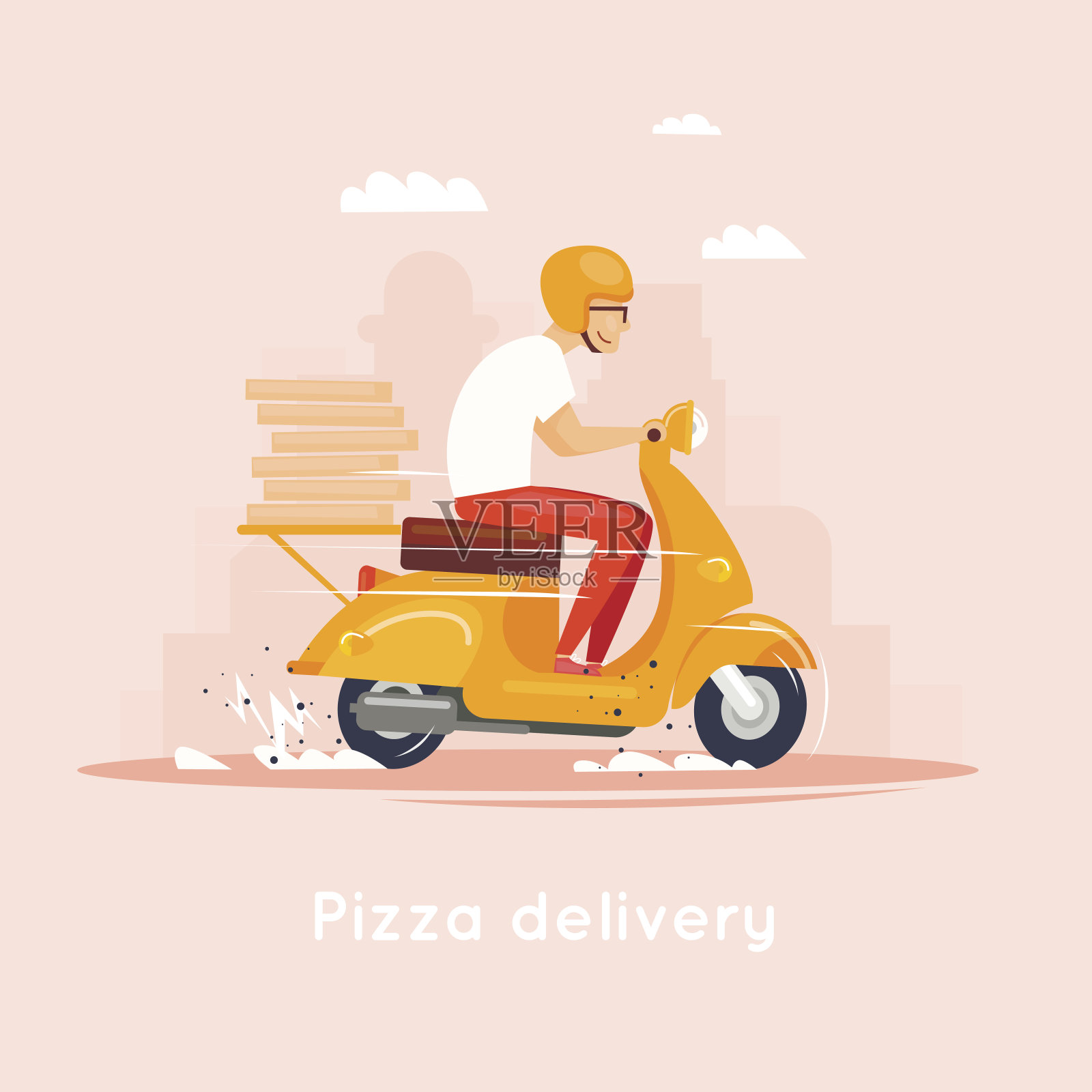 送货，骑摩托的人在送披萨。字符。平面设计矢量插图。插画图片素材