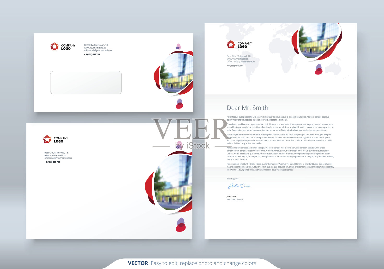 信封DL, C5，信头。信封和信件的企业业务模板。布局与现代彩色点抽象背景。创造性的向量设计模板素材