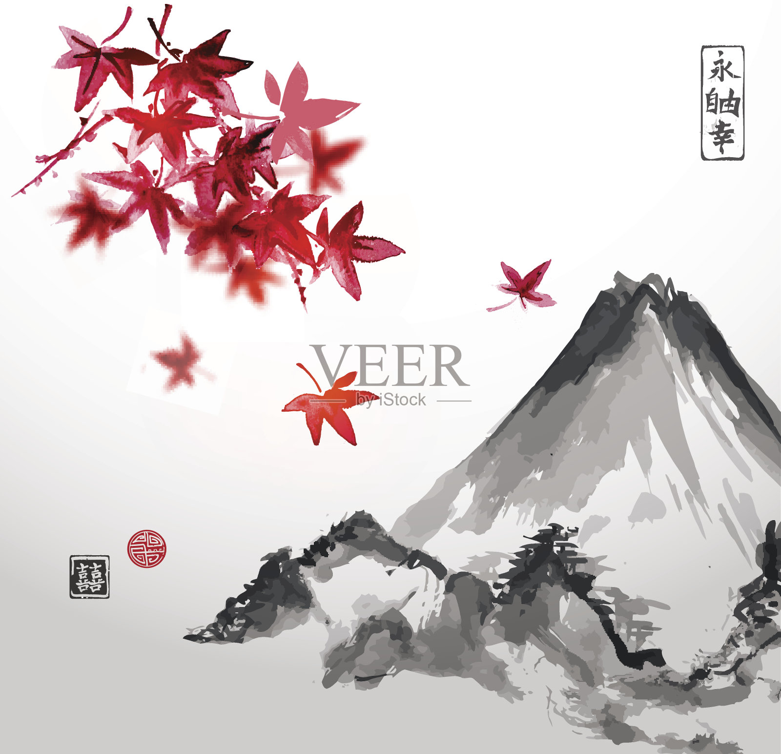 红色的日本枫叶和富士山插画图片素材