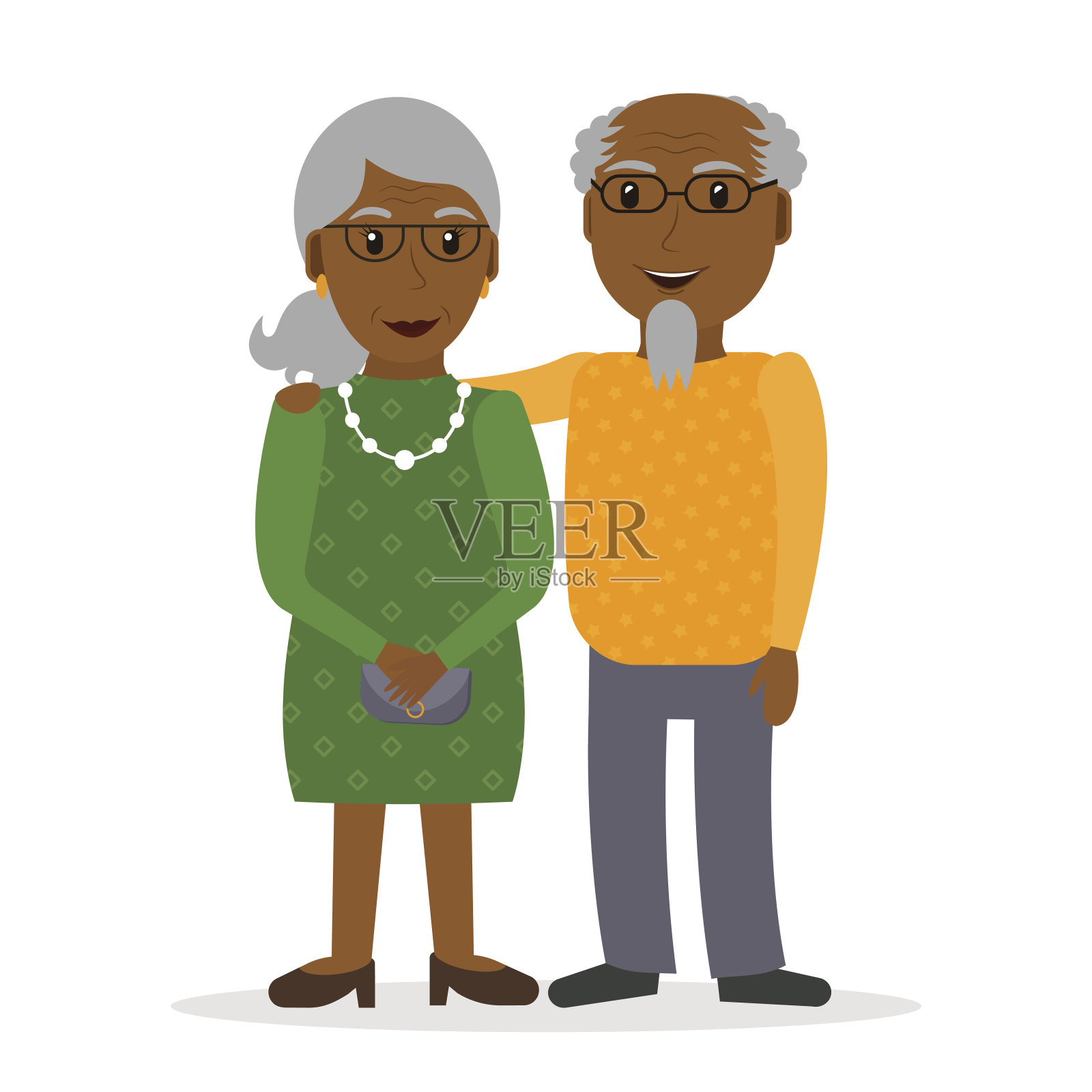 一对退休的黑人老夫妇。祖父和祖母。退休的人戴着眼镜。老年人:男女。平面风格矢量插图。插画图片素材