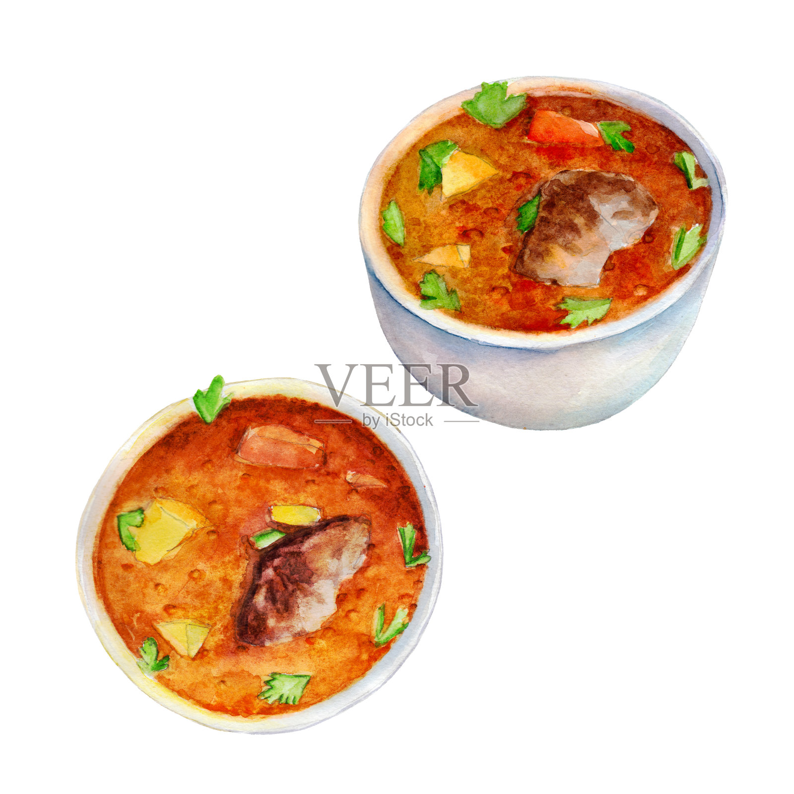 牛肉汤，水彩插图手绘风格孤立在白色背景。插画图片素材