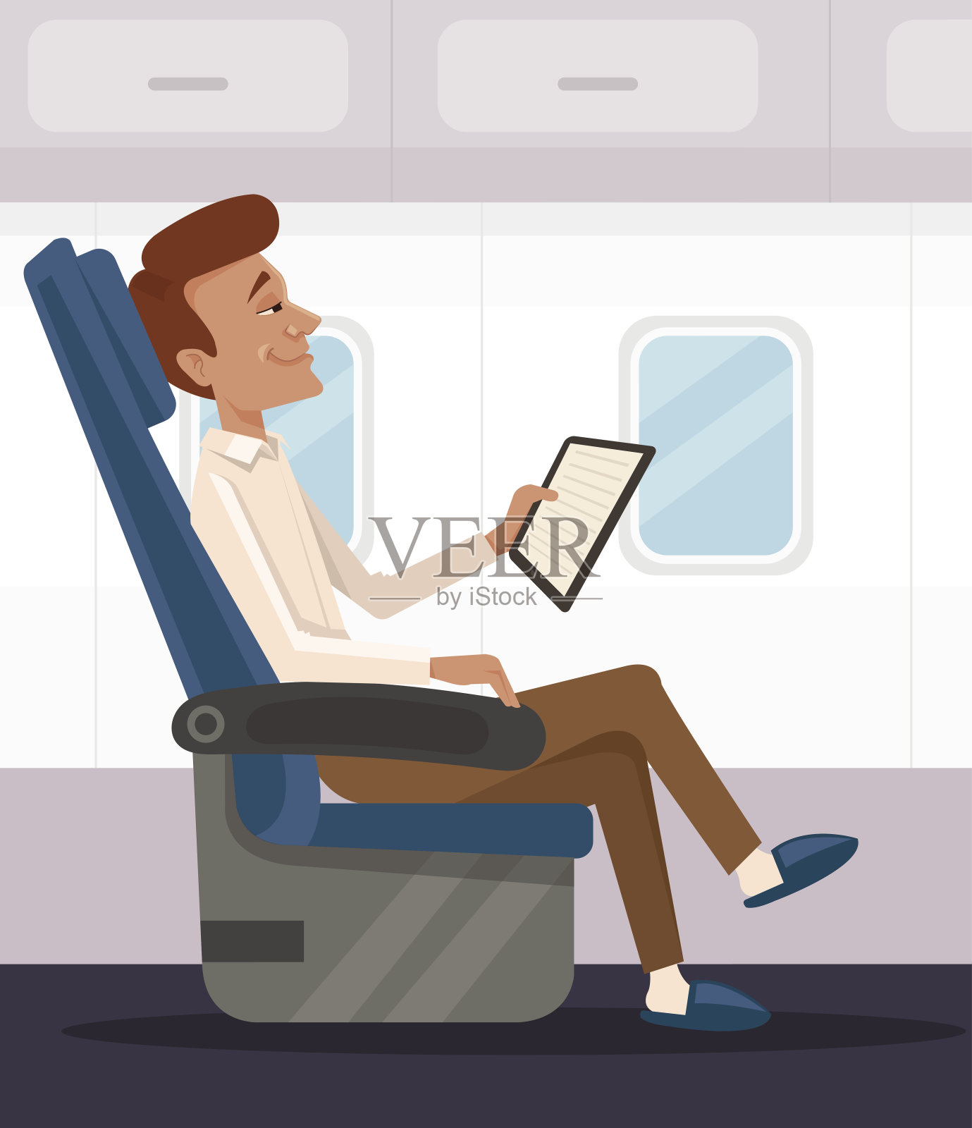 快乐微笑的商人办公室工作人员字符阅读和放松在飞机商务舱插画图片素材