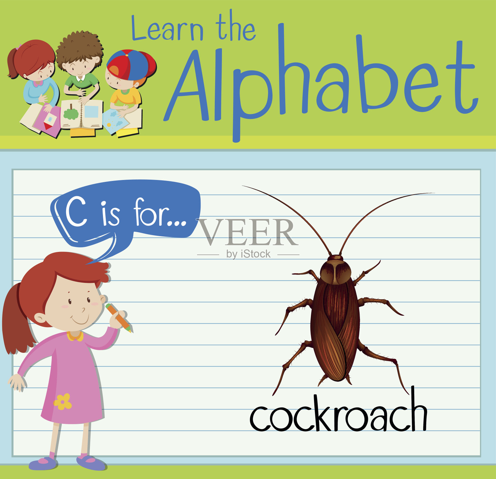 识字卡片上的字母C代表蟑螂插画图片素材
