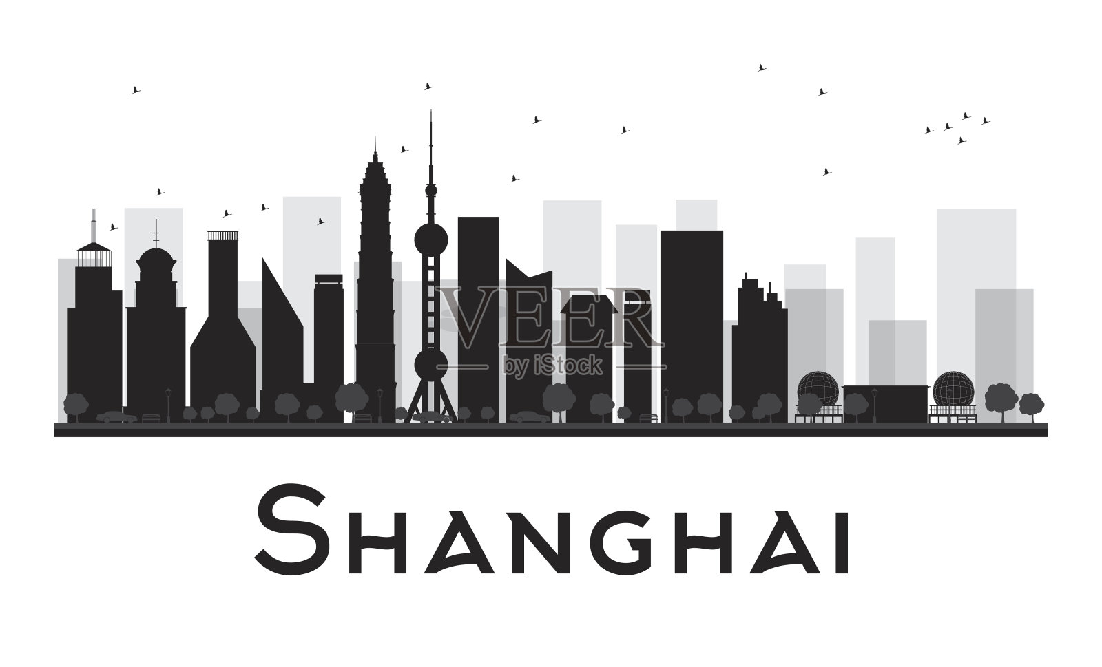 上海城市天际线黑白剪影。插画图片素材