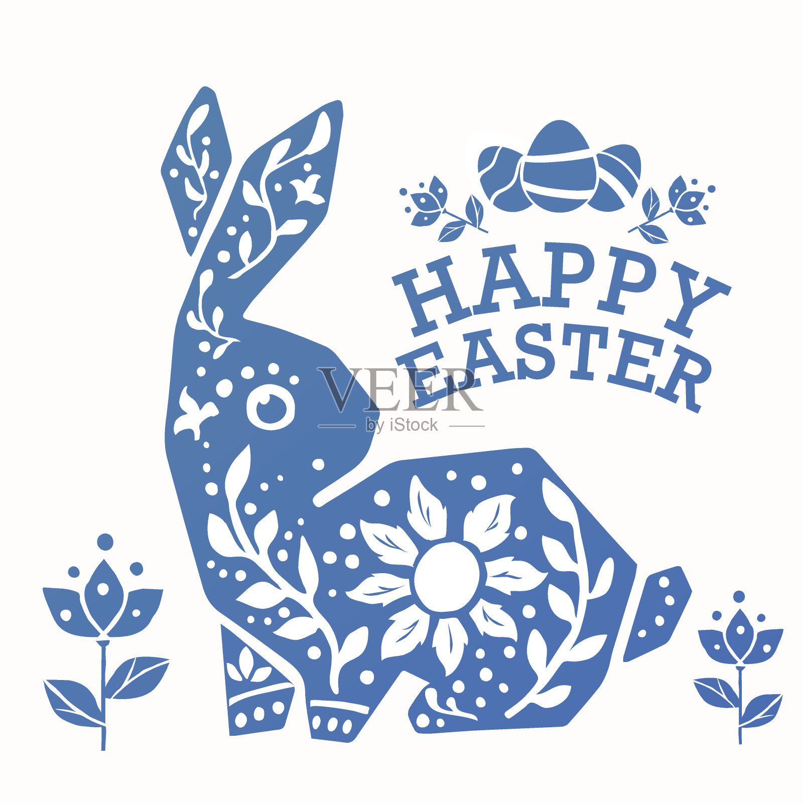 复古复活节兔子装饰花，树叶和鸡蛋插画图片素材