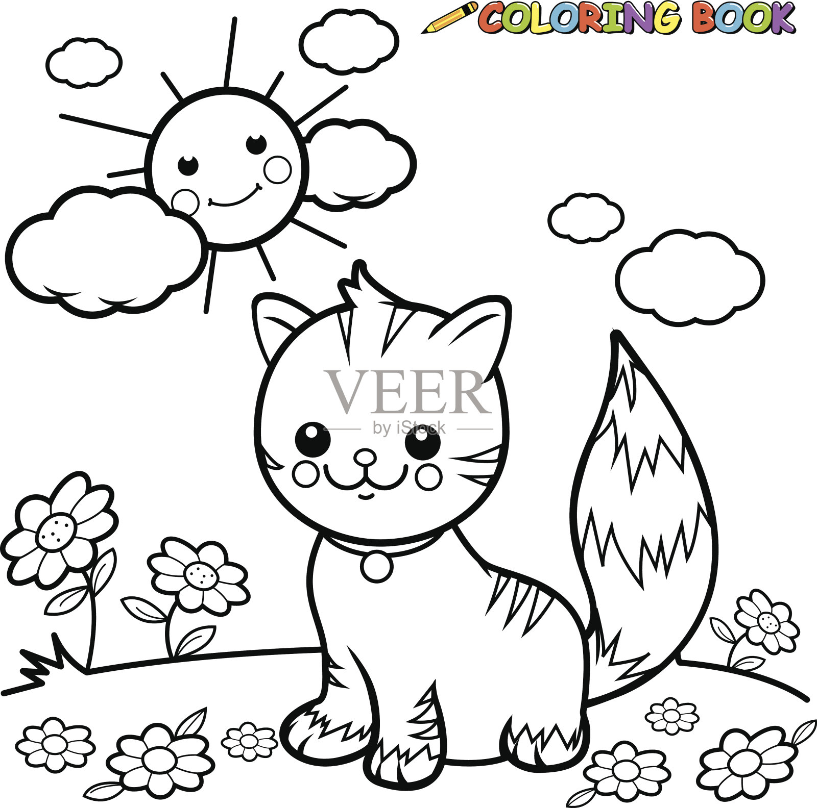 猫坐在草地上涂色书页插画图片素材