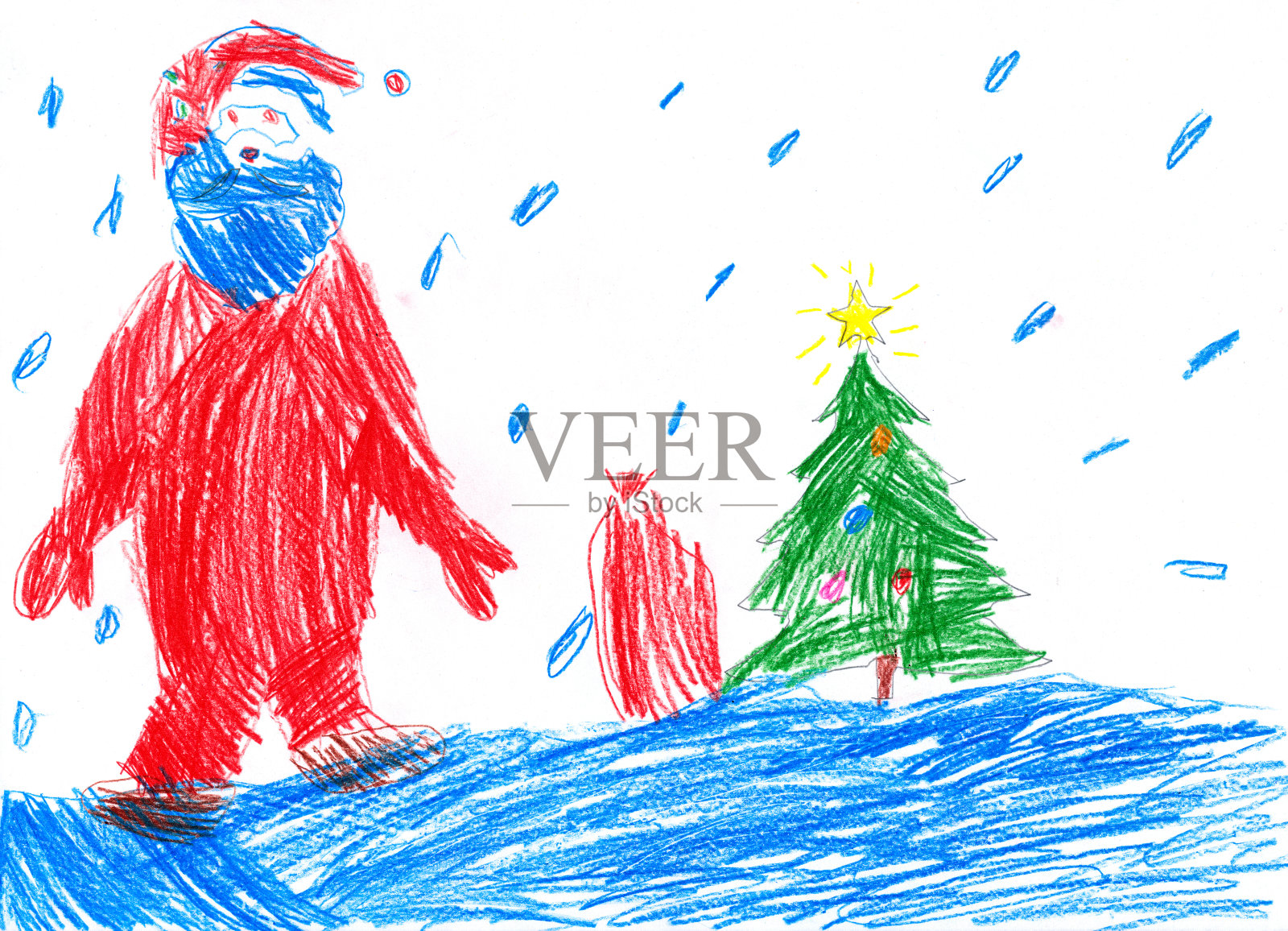 圣诞老人在雪地上。孩子画画。插画图片素材