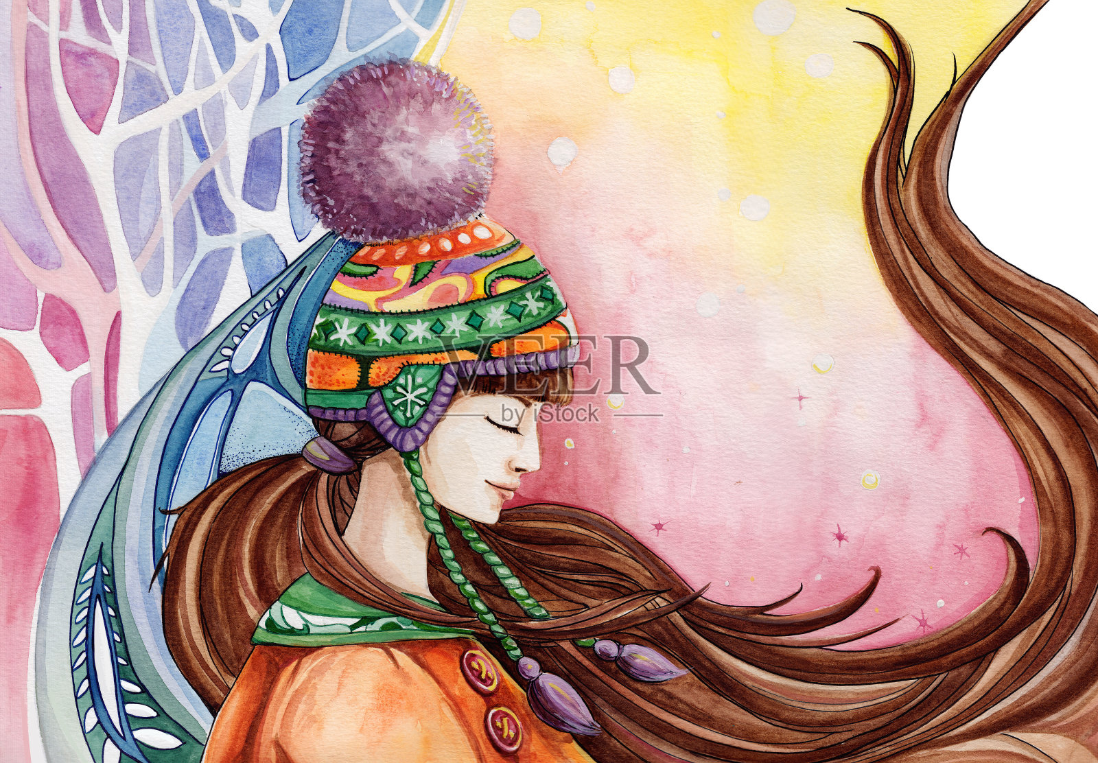 画女人的侧面在冬天的帽子插画图片素材