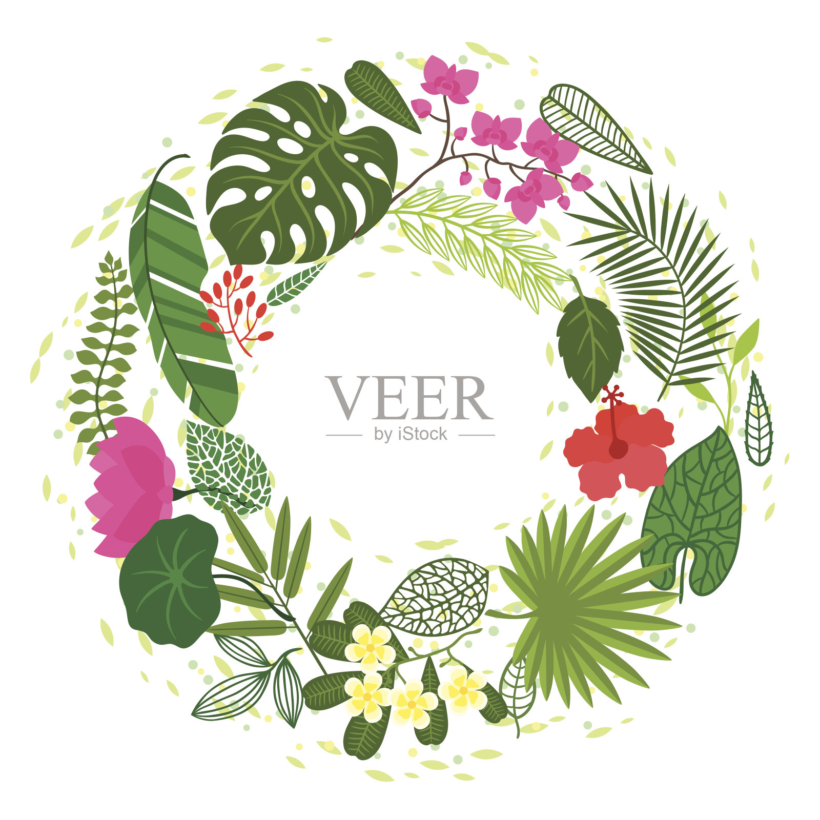 程式化的热带植物，叶和花的背景。插画图片素材