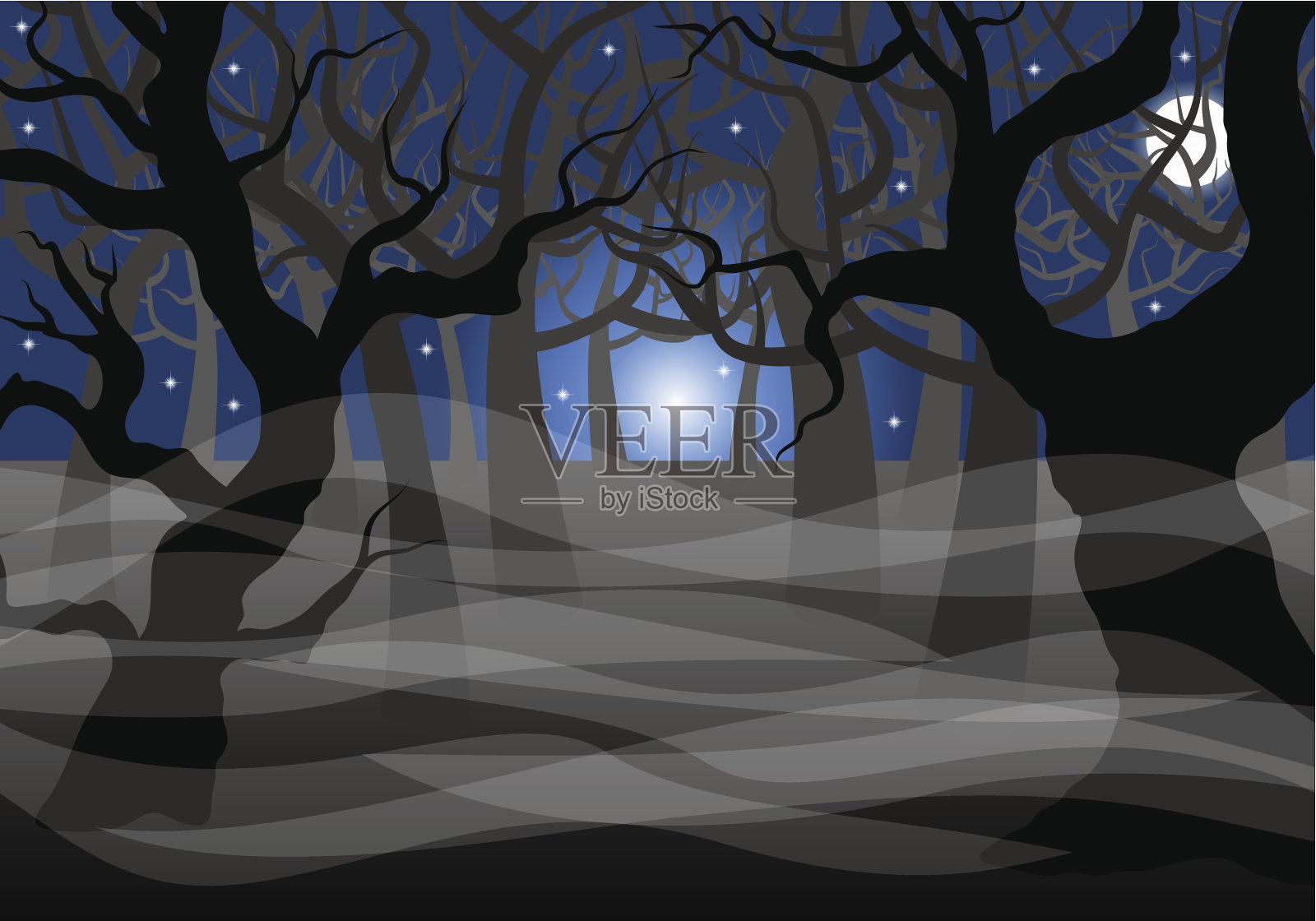 黑暗阴森的森林和满月插画图片素材