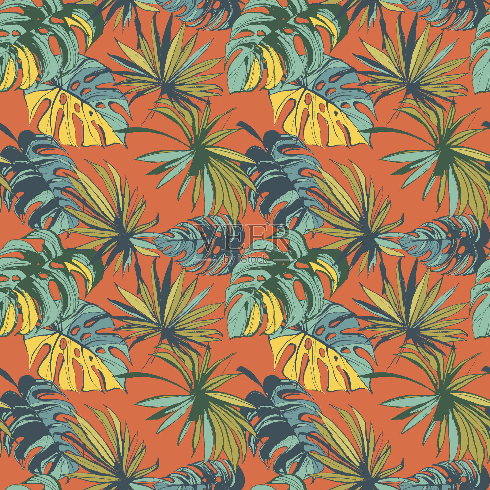 热带丛林花卉无缝图案背景与棕榈树插画图片素材