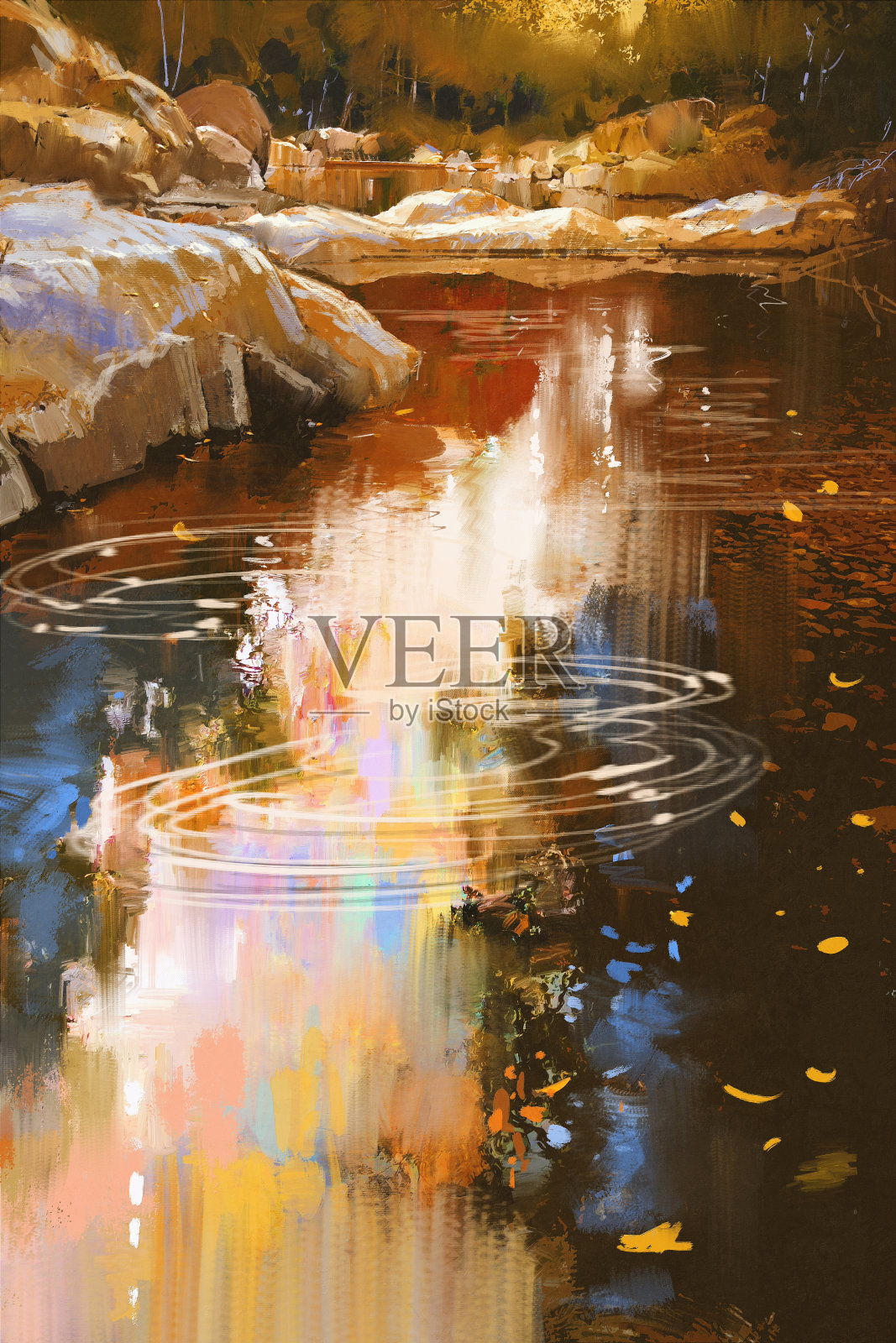 秋天的森林里，河流被石头描成线条插画图片素材