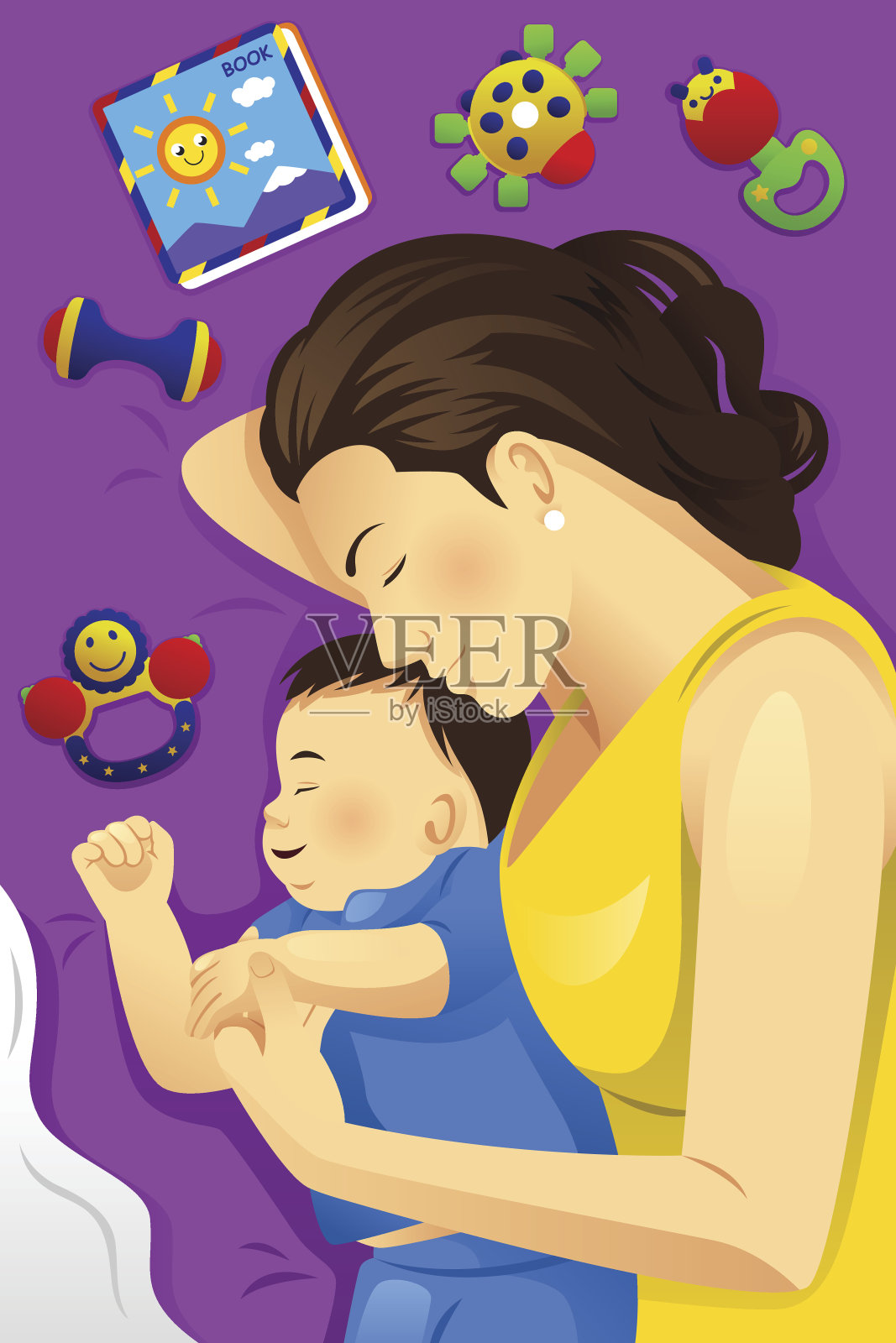 妈妈和宝宝睡在一起插画图片素材