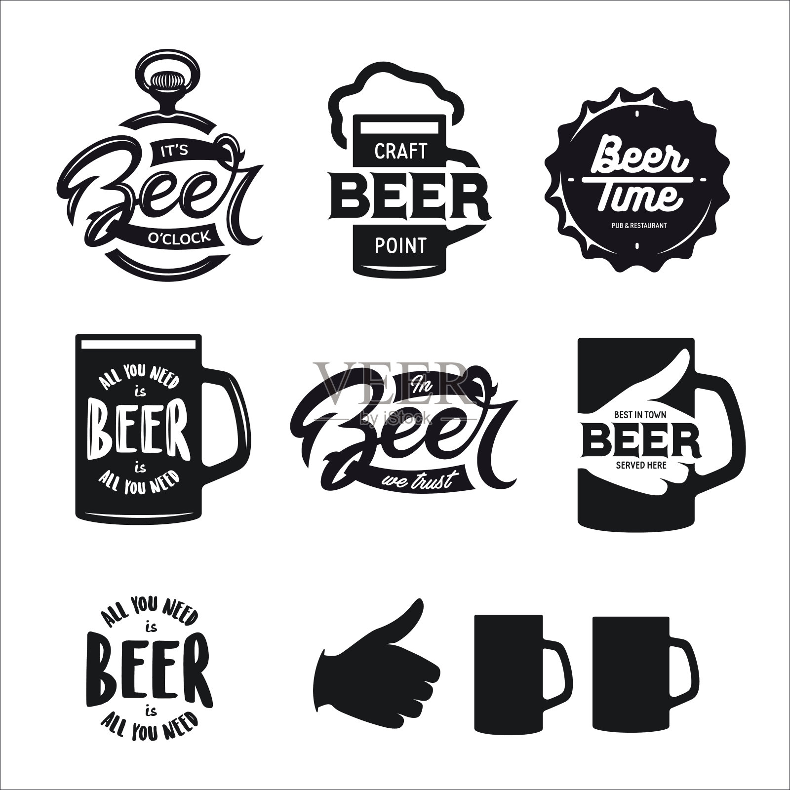 啤酒相关的排版集。矢量复古字体插图。插画图片素材