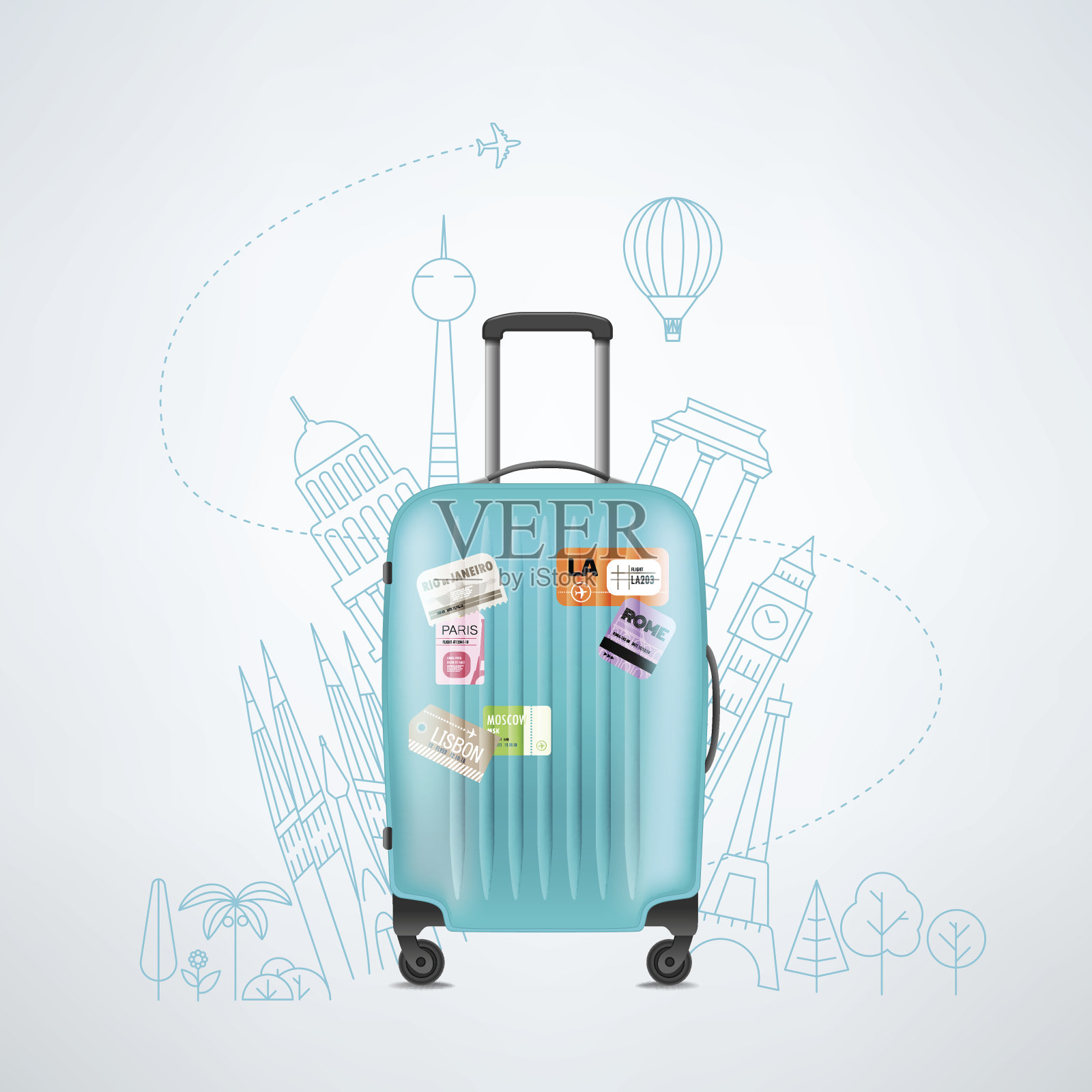 不同旅游元素的彩色塑料旅行袋设计元素图片