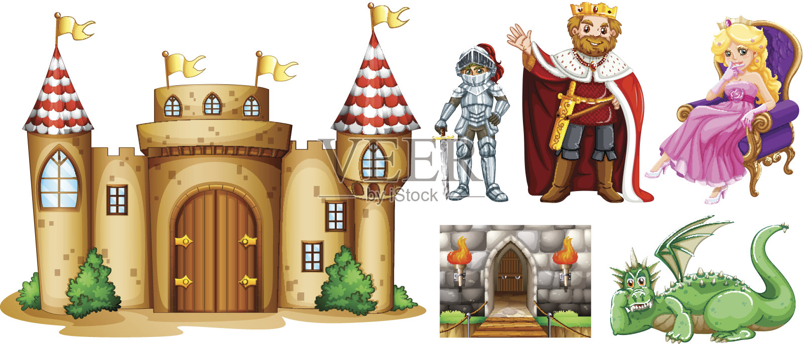 童话人物和宫殿建筑插画图片素材