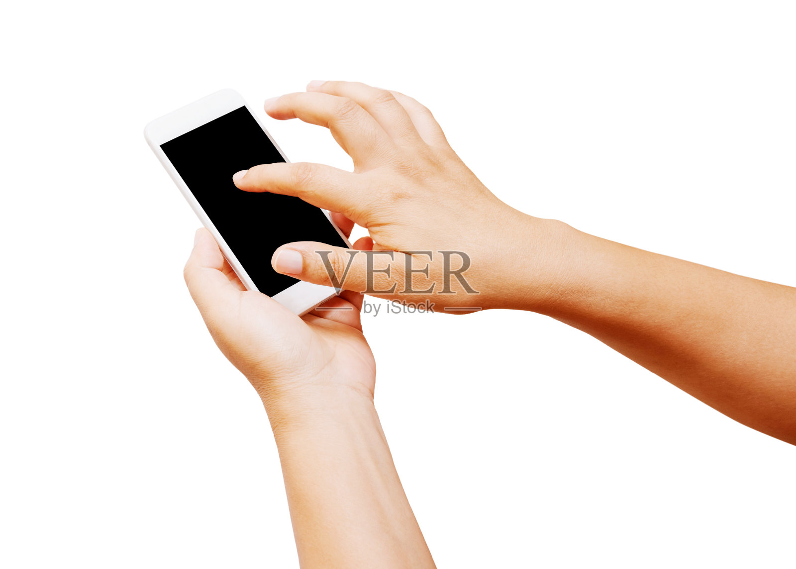 孤立的女性手持和触摸屏智能手机在白色的背景照片摄影图片