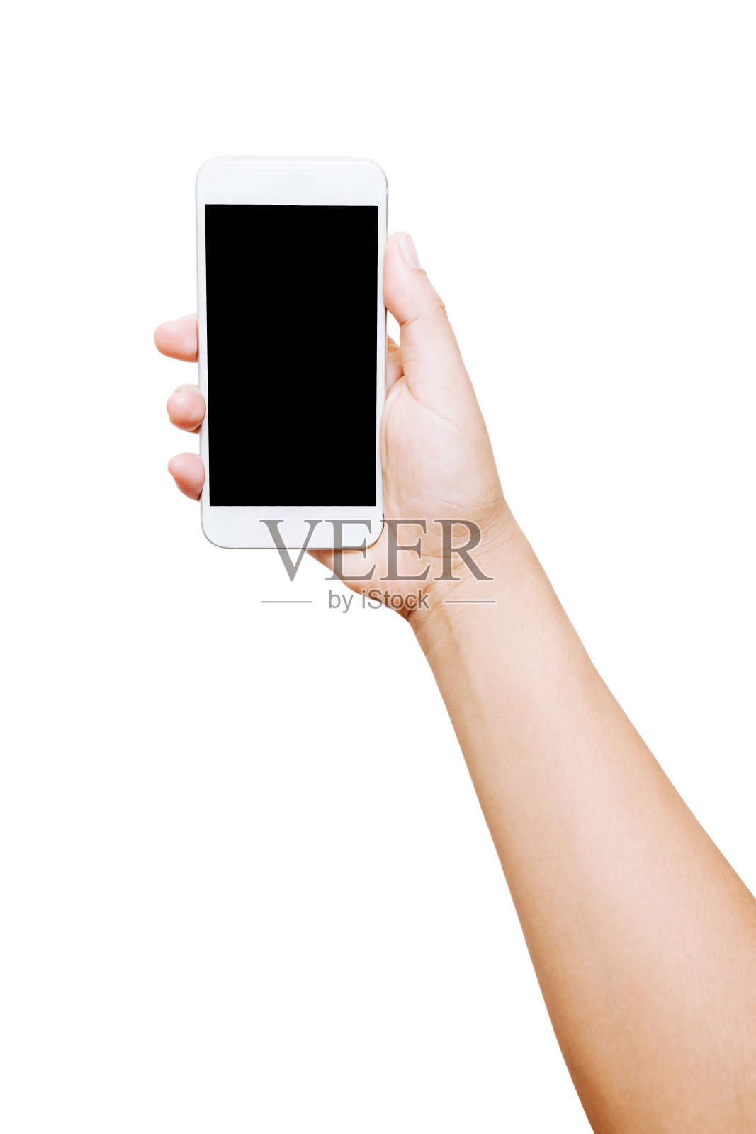 孤立的女人在白色背景下手持智能手机照片摄影图片