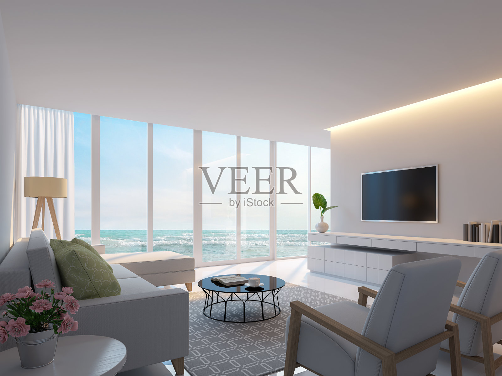 现代白色客厅与海景3d渲染图像照片摄影图片