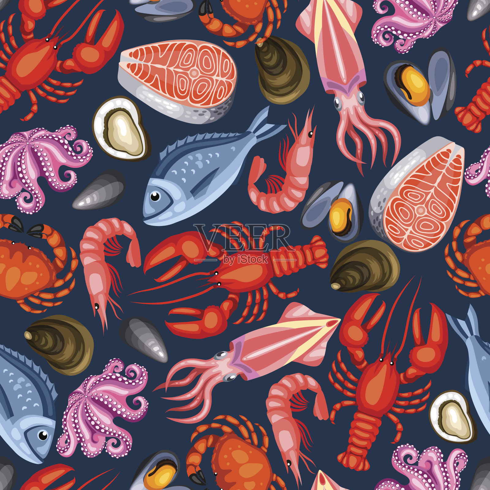 无缝模式与各种海鲜。鱼，贝类和甲壳类的插图插画图片素材