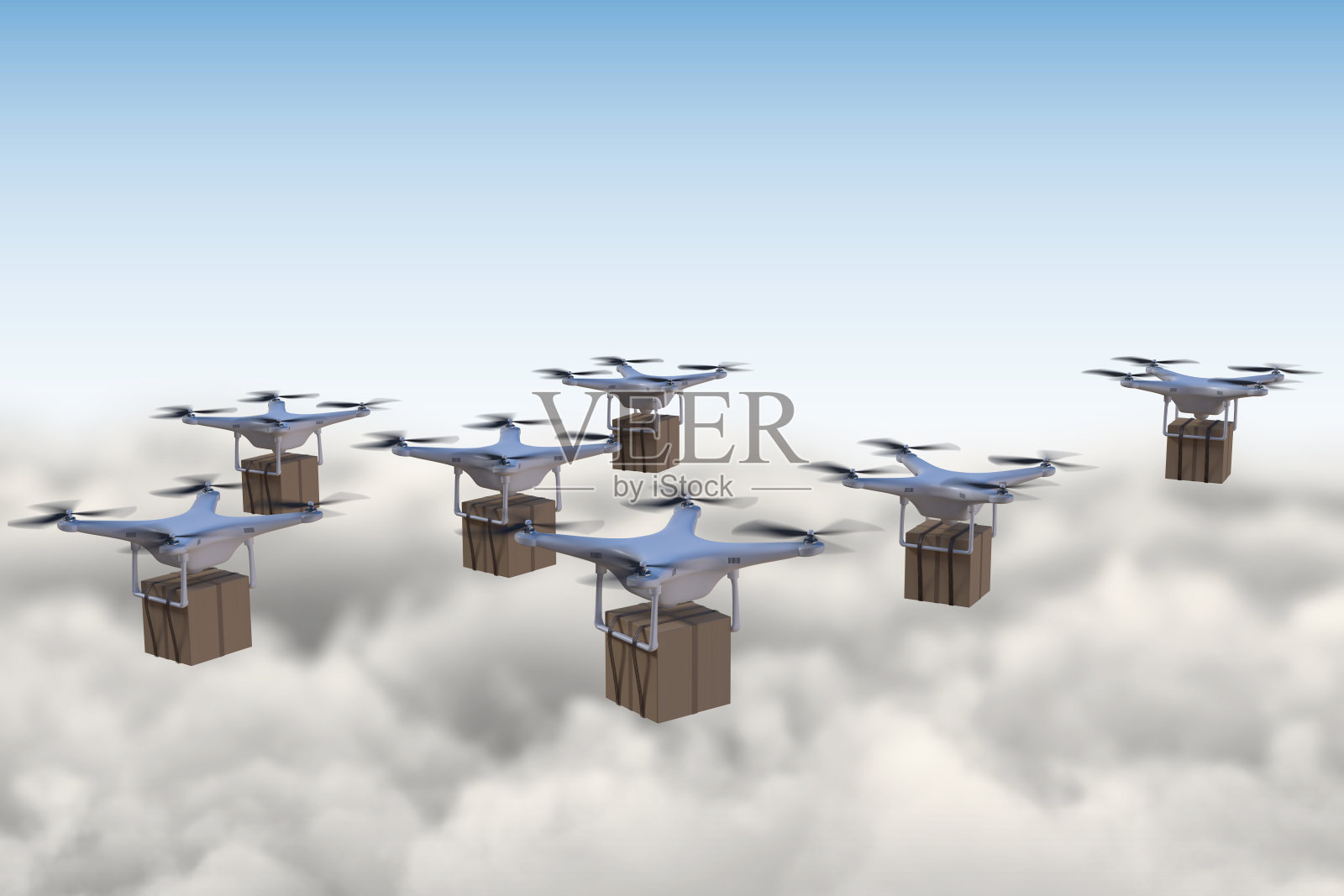 3D渲染插图的许多无人机飞行在云端和递送包裹。插画图片素材