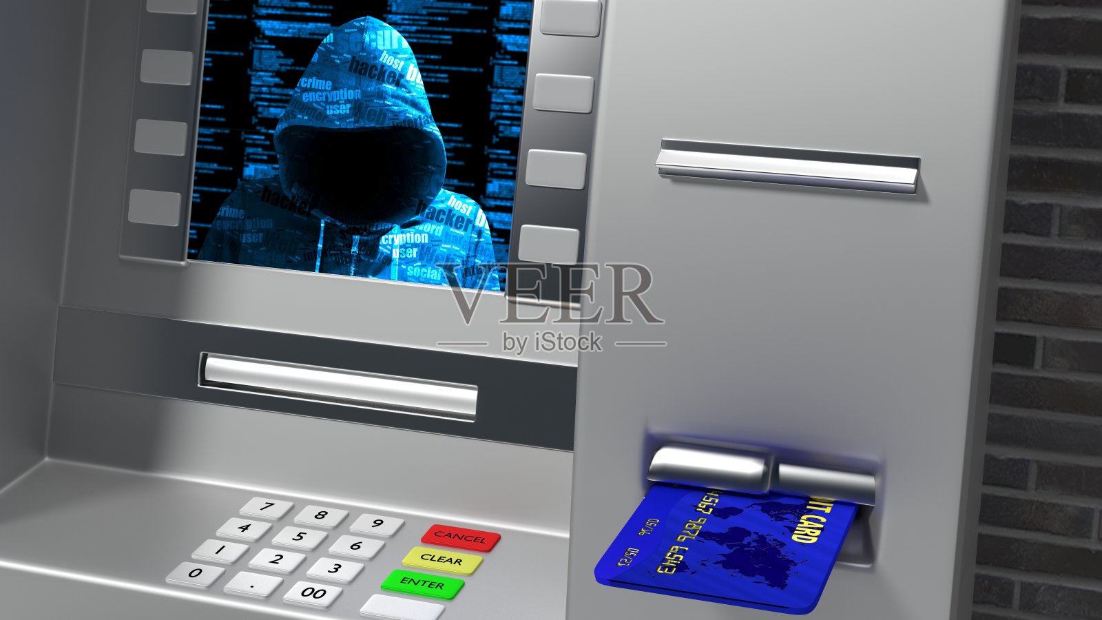 当插入显示帽衫黑客的信用卡时，黑了自动取款机插画图片素材