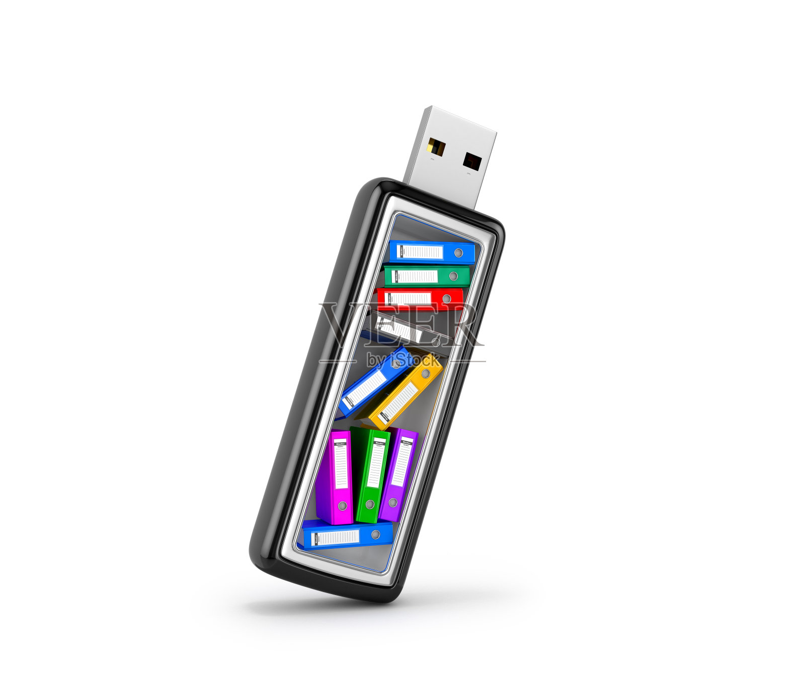 彩色办公文件夹与文件内USB驱动器上的白色背景。3 d演示。插画图片素材